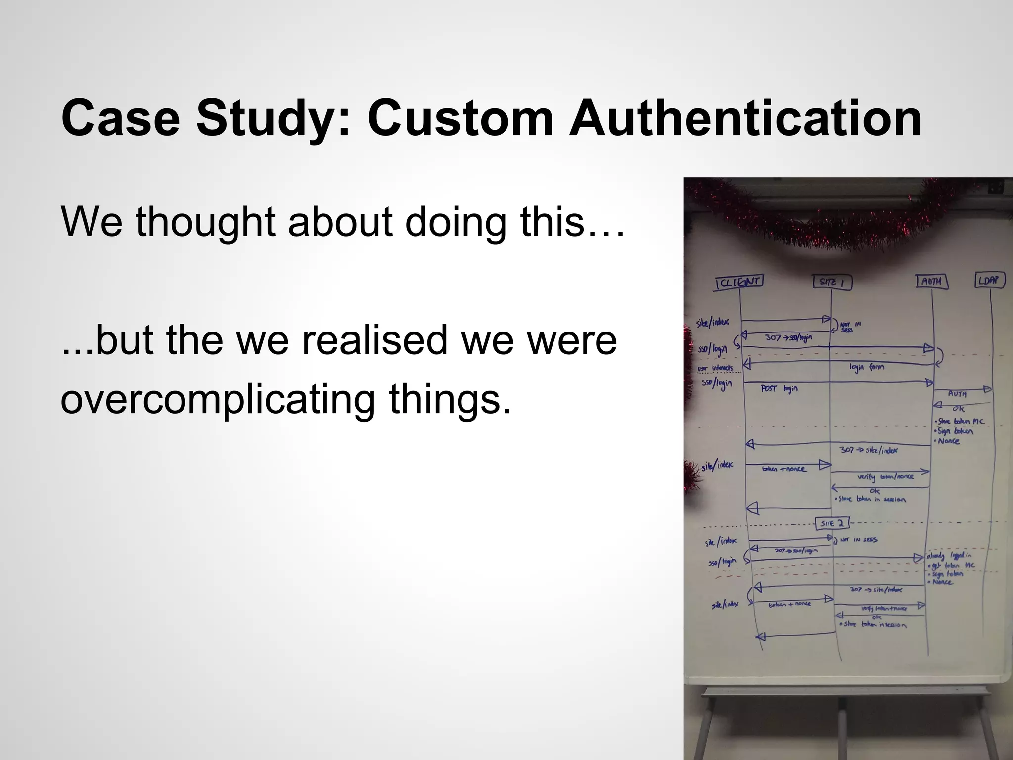 Case Study: Custom Authentication
We thought about doing this…
...but the we realised we were
overcomplicating things.
 