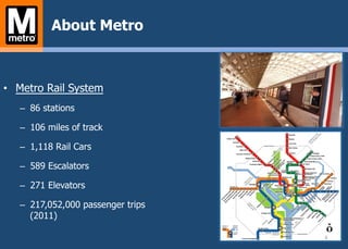 About Metro
•  Metro Rail System
–  86 stations
–  106 miles of track
–  1,118 Rail Cars
–  589 Escalators
–  271 Elevators
–  217,052,000 passenger trips
(2011)
4	
  
 
