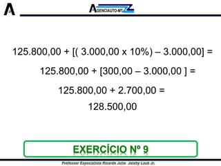 125.800,00 + [( 3.000,00 x 10%) –3.000,00] = 
125.800,00 + [300,00 –3.000,00 ] = 
125.800,00 + 2.700,00 = 
128.500,00EXERCÍCIO Nº 9  