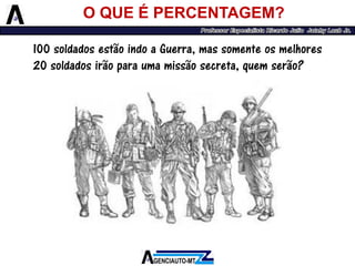 O QUE É PERCENTAGEM? 
100 soldados estão indo a Guerra, mas somente os melhores 20 soldados irão para uma missão secreta, quem serão?  