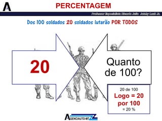 20 
Quanto de 100? 
PERCENTAGEM 
20 de 100 
Logo = 20 por 100 
= 20 % 
Dos 100 soldados 20soldados lutarão POR TODOS  