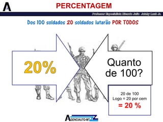 Quanto de 100? 
PERCENTAGEM 
20 de 100 
Logo = 20 por cem 
= 20 % 
Dos 100 soldados 20soldados lutarão POR TODOS  