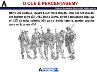 O QUE É PERCENTAGEM? 
Houveumamudança,chegara1.350novossoldados,maisdos100soldadosqueexistiamagorasão1.450indoaGuerra,poremocomandanteexigequesó20%detodossoldadosirãoparaamissãosecreta,quantossoldadosagoraserãoosquevão?  
