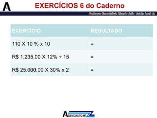 EXERCÍCIOS 6 do Caderno 
EXERCÍCIO 
RESULTADO 
110 X 10 % x 10 
= 
R$ 1,235,00 X 12% ÷15 
= 
R$ 25.000,00 X 30% x 2 
=  