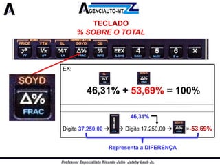 TECLADO 
% SOBRE O TOTAL 
EX: 
Digite37.250,00Digite17.250,00=-53,69% 
Representa a DIFERENÇA46,31% 
46,31% + 53,69%= 100%  