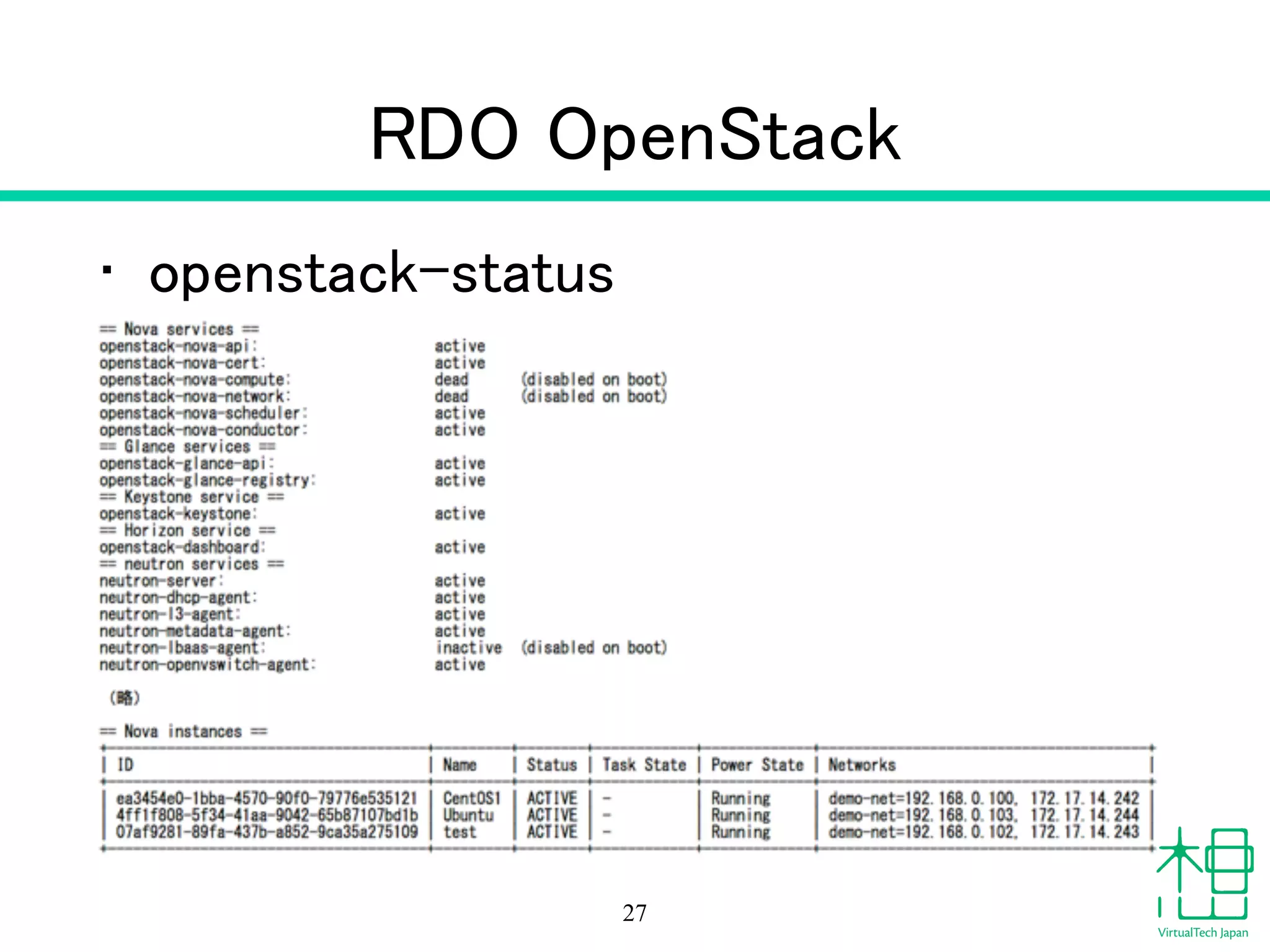RDO OpenStack
• openstack-status
27
 