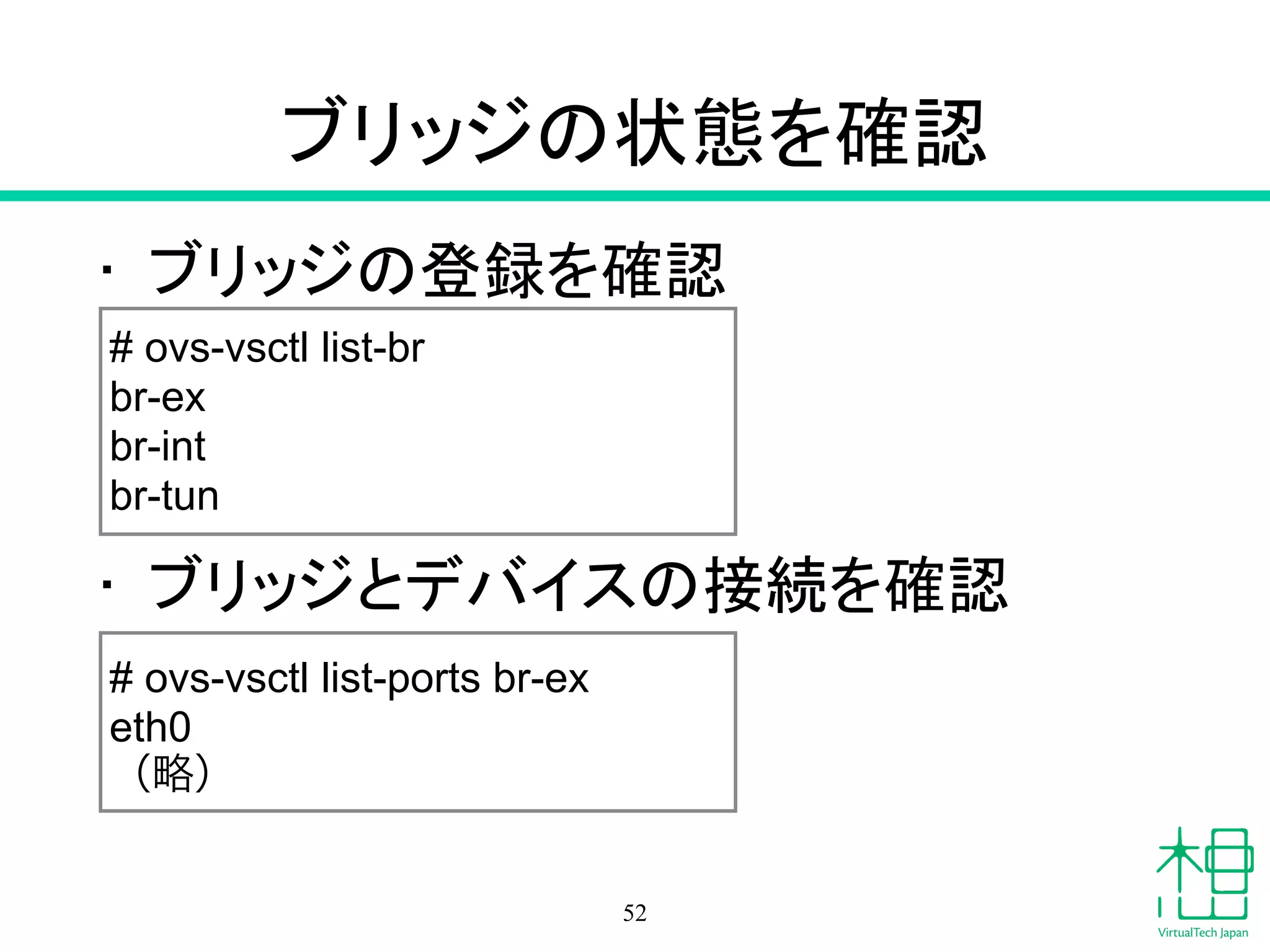 ブリッジの状態を確認
• ブリッジの登録を確認
!
!
!
• ブリッジとデバイスの接続を確認
52
# ovs-vsctl list-br
br-ex
br-int
br-tun
# ovs-vsctl list-ports br-ex
eth0
（略）
 