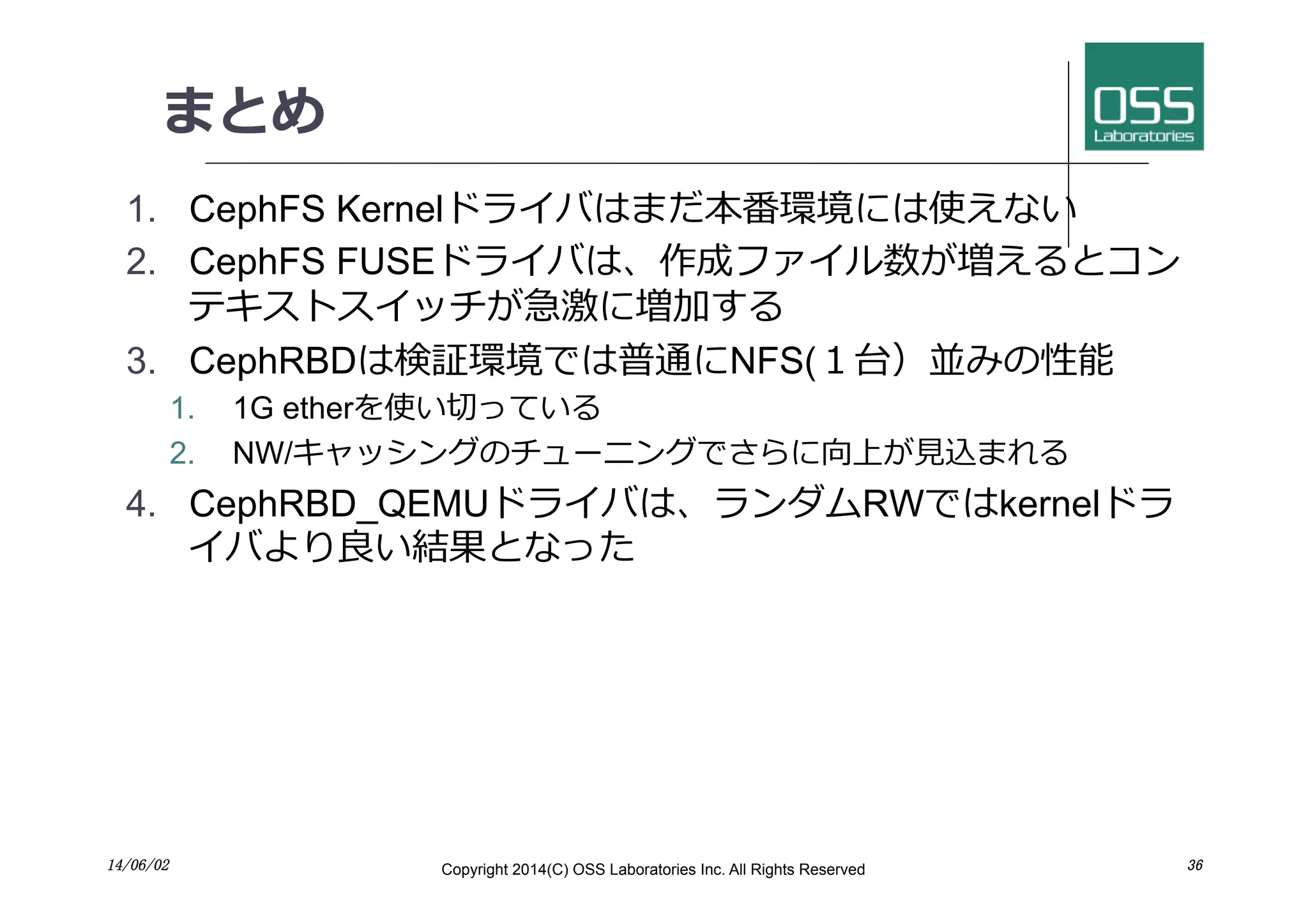 まとめ
1.  CephFS Kernelドライバはまだ本番環境には使えない
2.  CephFS FUSEドライバは、作成ファイル数が増えるとコン
テキストスイッチが急激に増加する
3.  CephRBDは検証環境では普通にNFS(１台）並みの性能
1.  1G etherを使い切っている
2.  NW/キャッシングのチューニングでさらに向上が⾒見見込まれる
4.  CephRBD_QEMUドライバは、ランダムRWではkernelドラ
イバより良い結果となった
14/06/02	
 Copyright 2014(C) OSS Laboratories Inc. All Rights Reserved 	
 36	
 