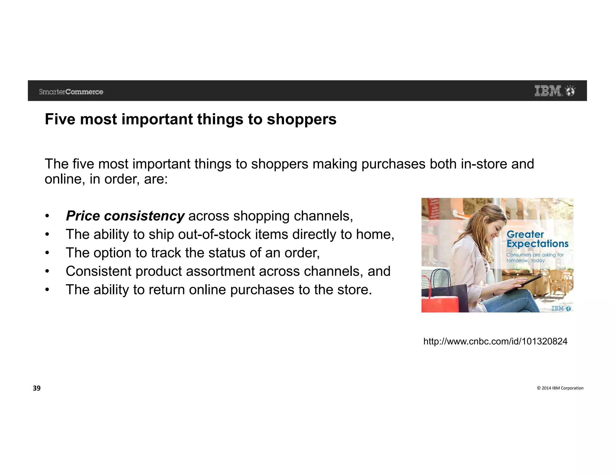 © 2014 IBM Corporation39
Five most important things to shoppers
The five most important things to shoppers making purchases both in-store and
online, in order, are:
• Price consistency across shopping channels,
• The ability to ship out-of-stock items directly to home,
• The option to track the status of an order,
• Consistent product assortment across channels, and
• The ability to return online purchases to the store.
http://www.cnbc.com/id/101320824
 