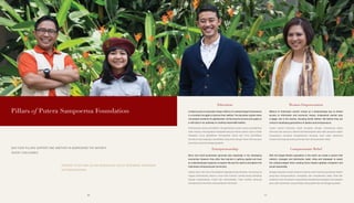 Education
Entrepreneurship
Women Empowerment
Compassionate Relief
Limited access to education keeps millions of underprivileged Indonesians
in a constant struggle to improve their welfare. The education system does
not prepare students for globalization. Enhancing the access and quality is
a vital step in our pathway to creating responsible leaders.
Micro and small businesses generate jobs especially in the developing
economies. However they often face barriers in getting capital and have
an underdeveloped capacity to expand. We see the need to strengthen the
Indonesian entrepreneurial community.
Millions of Indonesian women remain at a disadvantage due to limited
access to information and economic means. Empowered women play
a bigger role in the society, including family welfare. We believe they are
critical in developing generations of leaders and entrepreneurs.
With the largest Muslim population in the world, we create a system that
collects, manages and distributes zakat, infaq and shadaqah to assist
the underprivileged while creating future leaders globally competent and
social responsible.
Keterbatasan akses pendidikan mengakibatkan jutaan rakyat prasejahtera
tidak mampu meningkatkan kesejahteraannya karena sistem saat ini tidak
disiapkan untuk globalisasi. Peningkatan akses dan mutu pendidikan
bersifat krusial bagi jalur pendidikan yang kami bangun demi lahirnya para
pemimpin yang bertanggung jawab.
Usaha mikro dan kecil menciptakan lapangan kerja terbesar, khususnya di
negara berkembang. Namun untuk bisa tumbuh, mereka kerap dirintangi
dengan keterbatasan modal dan keterampilan. Kami melihat perlunya
memperkuat komunitas wirausahawan Indonesia.
Jutaan wanita Indonesia masih dirugikan dengan terbatasnya akses
informasi dan ekonomi. Wanita berketerampilan akan lebih berperan dalam
masyarakat, termasuk kesejahteraan keluarga. Kami yakin eksistensi
mereka vital bagi generasi pemimpin dan wirausahawan kelak.
Dengan populasi muslim terbesar di dunia, kami merancang sebuah sistem
yang bisa mengumpulkan, mengelola, dan menyalurkan zakat, infak dan
sedekah untuk membantu masyarakat prasejahtera sekaligus menciptakan
para calon pemimpin yang berdaya saing global dan bertanggung jawab.
Pillars of Putera Sampoerna Foundation
OUR FOUR PILLARS SUPPORT ONE ANOTHER IN ADDRESSING THE NATION’S
TALENT CHALLENGES.
KEEMPAT PILAR KAMI SALING MENDUKUNG UNTUK MENJAWAB TANTANGAN
KETENAGAKERJAAN.
2222 23
 
