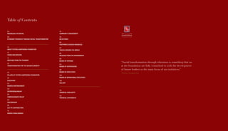 “Social transformation through education is something that we
at the foundation are fully committed to with the development
of future leaders as the main focus of our initiatives.”
-Putera Sampoerna
Table of Contents
INDONESIA’S POTENTIAL
ECONOMIC PROGRESS THROUGH SOCIAL TRANSFORMATION
04
06
10
12
14
16
110
115
22
24
44
50
56
62
68
70
COMMUNITY ENGAGEMENT
MILESTONES
FOOTPRINTS ACROSS INDONESIA
TRACES AROUND THE WORLD
MESSAGE FROM THE MANAGEMENT
BOARD OF PATRONS
BOARD OF SUPERVISORS
BOARD OF EXECUTIVES
BOARD OF OPERATIONAL EXECUTIVES
GALLERY
FINANCIAL HIGHLIGHTS
FINANCIAL STATEMENTS
PILLARS OF PUTERA SAMPOERNA FOUNDATION
EDUCATION
WOMEN EMPOWERMENT
ENTREPRENEURSHIP
COMPASSIONATE RELIEF
PARTNERSHIP
LIST OF CONTRIBUTORS
WORDS FROM DONORS
ABOUT PUTERA SAMPOERNA FOUNDATION
VISION AND MISSION
MESSAGE FROM THE FOUNDER
TRANSFORMATION FOR THE NATION’S GROWTH
74
78
80
84
86
88
94
98
100
106
 