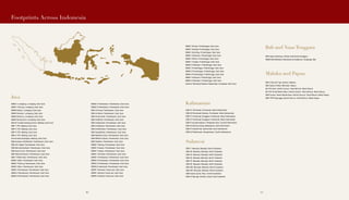Kalimantan
SDN 19 Pontianak, Pontianak, West Kalimantan
SDN 05 Pontianak Selatan, Pontianak, West Kalimantan
SDN 27 Pontianak Tenggara, Pontianak, West Kalimantan
SDN 37 Pontianak Tenggara, Pontianak, West Kalimantan
SDN 01 Sungai Kapitan, Pangkalan Bun, Central Kalimantan
SDN 16 Karang Joang, Balikpapan, East Kalimantan
SDN 27 Samarinda, Samarinda, East Kalimantan
SDN 04 Pelambuan, Banjarmasin, South Kalimantan
Sulawesi
SDN 11 Manado, Manado, North Sulawesi
SDN 39 Manado, Manado, North Sulawesi
SDN 43 Manado, Manado, North Sulawesi
SDN 78 Manado, Manado, North Sulawesi
SDN 79 Manado, Manado, North Sulawesi
SDN 95 Manado, Manado, North Sulawesi
SDN 108 Manado, Manado, North Sulawesi
SDN 109 Manado, Manado, North Sulawesi
SDN Inpres Ujuna, Palu, Central Sulawesi
SDN 07 Baruga, Kendari, South East Sulawesi
Bali and Nusa Tenggara
SDN Inpres Nunbaun, Dhela, East Nusa Tenggara
SMAN Bali Mandara (Sampoerna Academy), Singaraja, Bali
Maluku and Papua
SDN 2 Rumah Tiga, Ambon, Maluku
SDN Inpres Polder, Merauke, Papua
SD YPK Onar, Distrik Sumuri, Teluk Bintuni, West Papua
SD YPK Tanah Merah Baru, Distrik Sumuri, Teluk Bintuni, West Papua
SMP Sumuri Tanah Merah Baru, Distrik Sumuri, Teluk Bintuni, West Papua
SMP YPPK Saengga, Distrik Sumuri, Teluk Bintuni, West Papua
SMAN 1 Dringu, Probolinggo, East Java
SMAN 1 Gading, Probolinggo, East Java
SMAN 1 Gending, Probolinggo, East Java
SMAN 1 Kraksaan, Probolinggo, East Java
SMAN 1 Paiton, Probolinggo, East Java
SMAN 1 Tongas, Probolinggo, East Java
SMAN 2 Kraksaan, Probolinggo, East Java
SMAN 1 Probolinggo, Probolinggo, East Java
SMAN 3 Probolinggo, Probolinggo, East Java
SMAN 4 Probolinggo, Probolinggo, East Java
SMKN 1 Kraksaan, Probolinggo, East Java
SMKN 2 Kraksaan, Probolinggo, East Java
Institut Teknologi Sepuluh Nopember, Surabaya, East Java
Java
SMKN 1 Lumajang, Lumajang, East Java
SMKN 1 Tekung, Lumajang, East Java
SMKN Klakah, Lumajang, East Java
SMKN Pasirian, Lumajang, East Java
SMKN Senduro, Lumajang, East Java
SMKN Tempursari, Lumajang, East Java
SDN 01 Sumbermanjing Kulon, Malang, East Java
SMP 1 YPK, Malang, East Java
SMP 2 YPK, Malang, East Java
SMP 4 YPK, Malang, East Java
SMA 2 YPK, Malang, East Java
Universitas Brawijaya, Malang, East Java
SMA Bustanul Mubtadiin, Pamekasan, East Java
SMA Hid. Najah, Pamekasan, East Java
SMA Muhammadiyah, Pamekasan, East Java
SMA Nurul Ulum, Pamekasan, East Java
SMA Wachid Hasyim, Pamekasan, East Java
SMA 1 Pademawu, Pamekasan, East Java
SMAN 1 Galis, Pamekasan, East Java
SMAN 1 Pakong, Pamekasan, East Java
SMAN 1 Waru, Pamekasan, East Java
SMAN 1 Pamekasan, Pamekasan, East Java
SMAN 2 Pamekasan, Pamekasan, East Java
SMAN 3 Pamekasan, Pamekasan, East Java
SMAN 4 Pamekasan, Pamekasan, East Java
SMAN 5 Pamekasan, Pamekasan, East Java
SMK Al-Anwar, Pamekasan, East Java
SMK Al-Hikam, Pamekasan, East Java
SMK Al-Karomah, Pamekasan, East Java
SMK Al-Miftah, Pamekasan, East Java
SMK Al-Mujtama, Pamekasan, East Java
SMK Al-Mujtami, Pamekasan, East Java
SMK Al-Mukhlisin, Pamekasan, East Java
SMK Assalafiyah, Pamekasan, East Java
SMK Manbaul Ulum, Pamekasan, East Java
SMK Miftahul Qulub, Pamekasan, East Java
SMK Polaban, Pamekasan, East Java
SMKN 1 Pakong, Pamekasan, East Java
SMKN 1 Pasean, Pamekasan, East Java
SMKN 1 Proppo, Pamekasan, East Java
SMKN 1 Tlanakan, Pamekasan, East Java
SMKN 1 Pamekasan, Pamekasan, East Java
SMKN 2 Pamekasan, Pamekasan, East Java
SMKN 3 Pamekasan, Pamekasan, East Java
SMKN Al-Islamiyah, Pamekasan, East Java
SMPN 1 Pandaan, Pasuruan, East Java
SMPN 1 Gempol, Pasuruan, East Java
SMPN 2 Gempol, Pasuruan, East Java
Footprints Across Indonesia
8282 83
 
