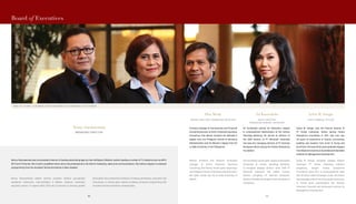 SENIOR DIRECTOR/ FOUNDATION SECRETARY
Elan Merdy
Formerly manager of the Business and Financial
Consulting Division at Arthur Andersen Business
Consulting, Elan Merdy received his Bachelor’s
degree from the Philippine School of Business
Administration and his Master’s degree from De
La Salle University in the Philippines
Mantan business and financial consulting
manager di Arthur Andersen Business
Consulting, Elan Merdy meraih gelar sarjananya
dari Philippine School of Business Administration
dan gelar master dari De La Salle University di
Filipina.
Ari Kunwidodo earned his Bachelor’s degree
in computational mathematics at the Institut
Teknologi Bandung. He served as director of
the OEM division of PT Microsoft Indonesia
and was the managing director of PT Astrindo
Senayasa before joining the Putera Sampoerna
Foundation.
Ari Kunwidodo meraih gelar sarjana matematika
komputasi di Institut Teknologi Bandung.
Ia menjabat sebagai direktur divisi OEM PT
Microsoft Indonesia dan adalah mantan
direktur pengelola PT Astrindo Senayasa,
sebelum bergabung dengan Putera Sampoerna
Foundation.
Sylvia M. Siregar was the finance director of
PT Oracle Indonesia, before joining Putera
Sampoerna Foundation in 2011. She has over
20 years of experience in finance, accounting,
auditing and taxation from Ernst & Young and
Accenture. She earned her post-graduate degrees
fromMonashUniversityinAustraliaandIndonesian
Institute for Management Development.
Sylvia M. Siregar menjabat sebagai direktur
keuangan PT Oracle Indonesia sebelum
bergabung dengan Putera Sampoerna
Foundation pada 2011. Ia berpengalaman lebih
dari 20 tahun dalam keuangan, audit, akuntansi,
danperpajakandariErnst&YoungdanAccenture.
Ia meraih gelar pascasarjana dari Monash
University, Australia dan Indonesian Institute for
Management Development.
SALES DIRECTOR/
FOUNDATION GENERAL SECRETARY
Ari Kunwidodo
CHIEF FINANCIAL OFFICER
Sylvia M. Siregar
FROM LEFT TO RIGHT: ELAN MERDY, NENNY SOEMAWINATA, ARI KUNWIDODO, SYLVIA SIREGAR
Board of Executives
Nenny Soemawinata
MANAGING DIRECTOR
Nenny Soemawinata was the president director of leading advertising agency Indo-Ad/Ogilvy & Mather, before heading a number of TV stations such as ANTV,
RCTI and O Channel. She is both a qualified trainer and a top professional in the field of marketing, sales and communications. She holds a degree in computer
programming from the Auckland Technical Institute in New Zealand.
Nenny Soemawinata adalah mantan presiden direktur perusahaan
periklanan terkemuka, Indo-Ad/Ogilvy & Mather, sebelum memimpin
sejumlah stasiun TV seperti ANTV, RCTI dan O Channel. Ia seorang pelatih
berkualitas dan profesional terdepan di bidang pemasaran, penjualan dan
komunikasi. Ia meraih gelar sarjana di bidang computer programming dari
Auckland Technical Institute, Selandia Baru.
9898 99
 
