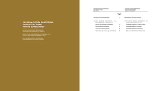YAYASAN PUTERA SAMPOERNA
DAN ENTITAS ANAK
YAYASAN PUTERA SAMPOERNA
AND ITS SUBSIDIARIES
DAFTAR ISI TABLE OF CONTENTS
Halaman/
Page
LAPORAN AUDITOR INDEPENDEN 1 INDEPENDENT AUDITORS’ REPORT
LAPORAN KEUANGAN KONSOLIDASIAN - Untuk
tahun yang berakhir 31 Desember 2013
CONSOLIDATED FINANCIAL STATEMENTS - For
the year ended December 31, 2013
Laporan Posisi Keuangan Konsolidasian 3 Consolidated Statement of Financial Position
Laporan Aktivitas Konsolidasian 4 Consolidated Statement of Activities
Laporan Arus Kas Konsolidasian 5 Consolidated Statement of Cash Flows
Catatan Atas Laporan Keuangan Konsolidasian 6 Notes to Consolidated Financial Statements
YAYASAN PUTERA SAMPOERNA
DAN ENTITAS ANAK/
AND ITS SUBSIDIARIES
LAPORAN KEUANGAN KONSOLIDASIAN/
CONSOLIDATED FINANCIAL STATEMENTS
UNTUK TAHUN YANG BERAKHIR 31 DESEMBER 2013/
FOR THE YEAR ENDED DECEMBER 31, 2013
DAN LAPORAN AUDITOR INDEPENDEN/
AND INDEPENDENT AUDITORS’ REPORT
 