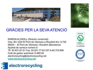 GRÀCIES PER LA SEVA ATENCIÓ
RAMON ALTADILL (Director comercial)
Ctra. BV-1224 El Pont de Vilomara a Rocafort Km. 6.750
08254 - El Pont de Vilomara i Rocafort (Barcelona)
Apartat de correus número 8
Tlf. 93 831.67.01 Fax. 93 831.77.63 CIF:A-62.703.806
Codi de gestor autoritzat: E-860.04
electrorecycling@electrorecycling.net
www.electrorecycling.net
 