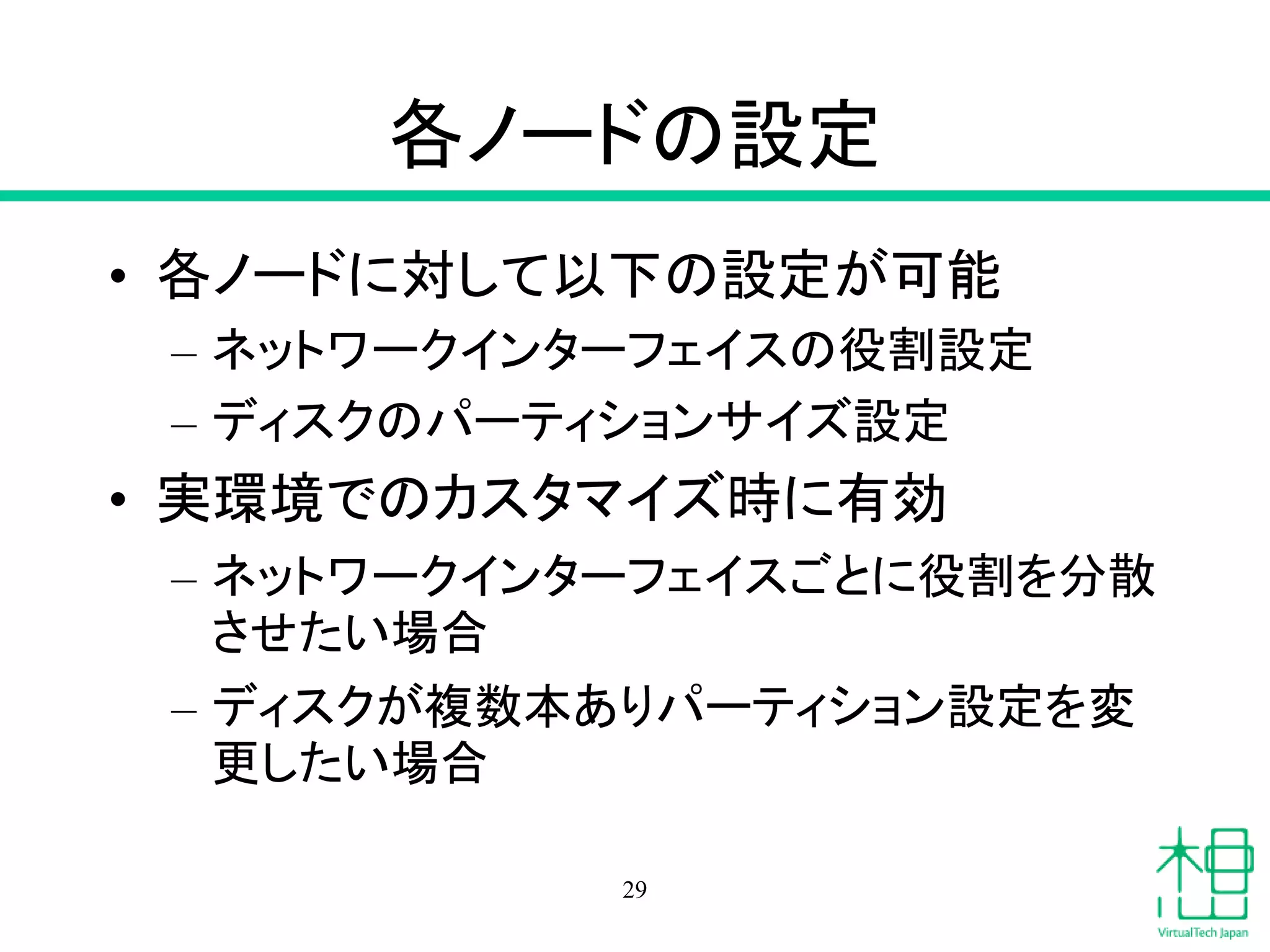 各ノードの設定
• 各ノードに対して以下の設定が可能
– ネットワークインターフェイスの役割設定
– ディスクのパーティションサイズ設定
• 実環境でのカスタマイズ時に有効
– ネットワークインターフェイスごとに役割を分散
させたい場合
– ディスクが複数本ありパーティション設定を変
更したい場合
29
 