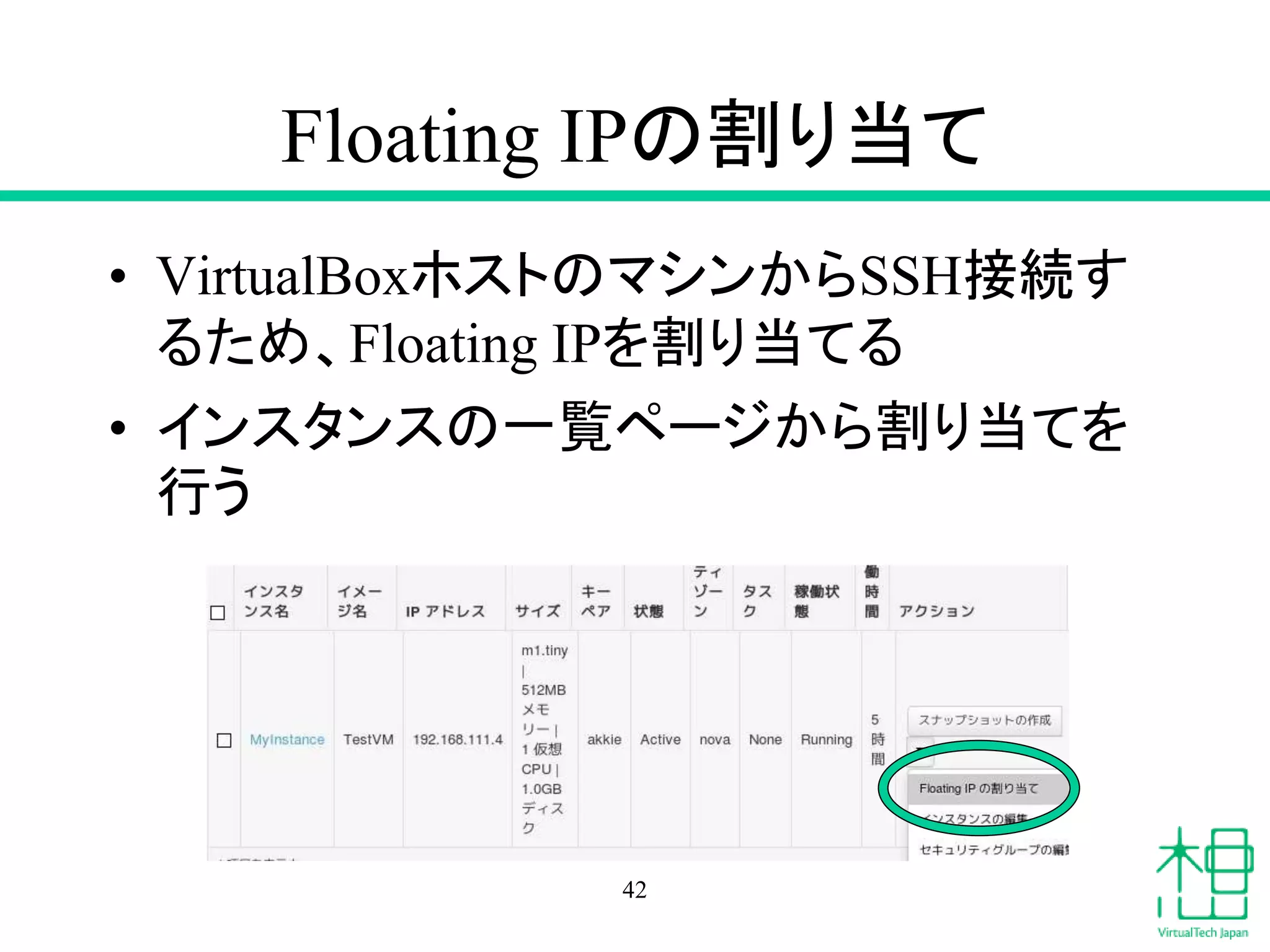 Floating IPの割り当て
• VirtualBoxホストのマシンからSSH接続す
るため、Floating IPを割り当てる
• インスタンスの一覧ページから割り当てを
行う
42
 