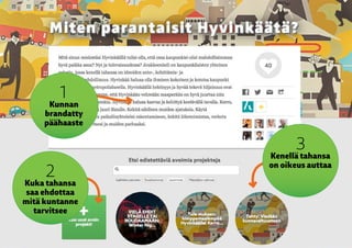 13
1
Kunnan
­brandatty
­päähaaste
2
Kuka tahansa
saa ehdottaa
mitä kuntanne
­tarvitsee
3
Kenellä tahansa
on oikeus auttaa
 