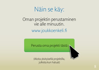 8
Näin se käy:
Oman projektin perustaminen
vie alle minuutin.
Perusta oma projekti tästä
www.joukkoenkeli.fi
(Aloita yksityisellä projektilla,
julkista kun haluat)
 