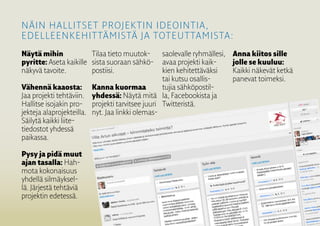 9
näin hallitset projektin ideointia,
edelleenkehittämistä ja toteuttamista:
Näytä mihin
­pyritte: Aseta ­kaikille
näkyvä tavoite.
Vähennä kaaosta:
Jaa projekti tehtäviin.
Hallitse isojakin pro-
jekteja alaprojekteilla.
Säilytä kaikki liite­
tiedostot yhdessä
paikassa.
Pysy ja pidä muut
ajan tasalla: Hah-
mota ­kokonaisuus
­yhdellä silmäyksel-
lä. Järjestä ­tehtäviä
­projektin edetessä.
Tilaa tieto muutok-
sista suoraan sähkö­
postiisi.
Kanna kuormaa
yhdessä: Näytä mitä
­projekti tarvitsee juuri
nyt. Jaa linkki olemas-
saolevalle ryhmällesi,
avaa ­projekti kaik-
kien ­kehitettäväksi
tai ­kutsu osallis-
tujia sähköpostil-
la, Face­bookista ja
­Twitteristä.
Anna ­kiitos ­sille
jolle se kuuluu:
Kaikki näkevät ketkä
panevat toimeksi.
 