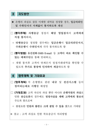 - 3 -
3 지도방안
◈ 은행의 과실로 잘못 이체한 내역을 정정할 경우, 입금의뢰인
및 수취인에게 지체없이 통지하도록 개선
□ (통지주체) 자행송금 정정시 해당 영업점에서 고객에게
직접 통지하되,
◦ 타행송금을 정정할 경우에는 입금은행이 입금의뢰인에게,
수취은행이 수취인에게 각각 통지하도록 함
□ (통지방법) 유선전화·SMS·E-mail 등 고객이 바로 확인할 수
있는 매체수단을 통해 안내하고,
◦ 개별 통지후 고객이 언제든지 정정거래내역을 확인할 수
있도록 추가로 통장에 인자하여 제공하도록 함
4 향후계획 및 기대효과
□ (향후계획) 각 은행별로 관련 내규 및 전산시스템 등이
정비되는대로 시행할 예정임
□ (기대효과) 고객 자신의 과실 뿐만 아니라 은행직원의 과실로
인한 송금오류의 경우에도 정정사실을 제때 고객에게 통보해
주도록 함으로써
◦ 불필요한 민원과 불편을 크게 줄일 수 있을 것으로 기대됨
※ 참고 : 고객 과실로 인한 착오송금시 처리방법
 