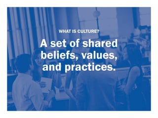 WHAT IS CULTURE? 
A set of shared 
beliefs, values, 
and practices. 
 
