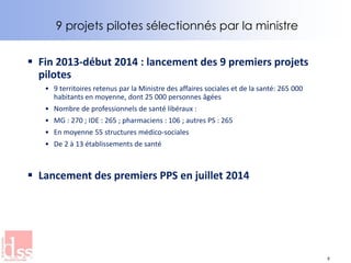 9 projets pilotes sélectionnés par la ministre
 Fin 2013-début 2014 : lancement des 9 premiers projets
pilotes
• 9 territoires retenus par la Ministre des affaires sociales et de la santé: 265 000
habitants en moyenne, dont 25 000 personnes âgées
• Nombre de professionnels de santé libéraux :
• MG : 270 ; IDE : 265 ; pharmaciens : 106 ; autres PS : 265
• En moyenne 55 structures médico-sociales
• De 2 à 13 établissements de santé
 Lancement des premiers PPS en juillet 2014
9
 
