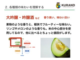 ２. 各種類の味わいを理解する
果物のような香りと、軽快でフルーティーな味わい。
リンゴやメロンのような香りも。米の中心部分を使
用してるので、他に比べるとちょっと値段がします。
大吟醸・吟醸酒 など 香り高い、味わい淡い
 