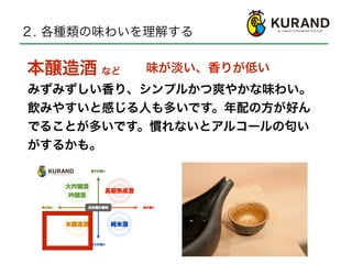 ２. 各種類の味わいを理解する
みずみずしい香り、シンプルかつ爽やかな味わい。
飲みやすいと感じる人も多いです。年配の方が好ん
でることが多いです。慣れないとアルコールの匂い
がするかも。
本醸造酒 など 味が淡い、香りが低い
 