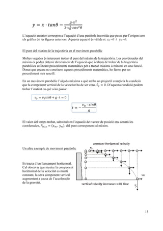 15
𝑦 = 𝑥 · 𝑡𝑎𝑛𝜃 −
!·!!
!·!!
!·!"#!!
L’equació anterior correspon a l’equació d’una paràbola invertida que passa per l’origen com
els gràfics de les figures anteriors. Aquesta equació és vàlida si: x0 =0 i y0 =0.
El punt del màxim de la trajectòria en el moviment parabòlic
Moltes vegades és interesant trobar el punt del màxim de la trajectòria. Les coordenades del
màxim es poden obtenir directament de l’equació que acabem de trobar de la trajectòria
parabòlica utilitzant procediments matemàtics per a trobar màxims o mínims en una funció.
Donat que encara no coneixem aquests procediments matemàtics, ho farem per un
procediment més senzill.
En un moviment parabòlic l’alçada màxima a què arriba un projectil compleix la condició
que la component vertical de la velocitat ha de ser zero, 𝑣! = 0. D’aquesta condició podem
trobar l’instant en què això passa:
𝑡 = −
𝑣! · 𝑠𝑖𝑛𝜃
𝑔
El valor del temps trobat, substituït en l’equació del vector de posició ens donarà les
coordenades, 𝑃!à! = 𝑥!, 𝑦! , del punt corresponent al màxim.
Un altre exemple de moviment parabòlic
Es tracta d’un llançament horitzontal.
Cal observar que mentre la component
horitzontal de la velocitat es manté
constant, la seva component vertical va
augmentant a causa de l’acceleració
de la gravetat.
𝑣! = 𝑣!sinθ + g · t = 0  
 