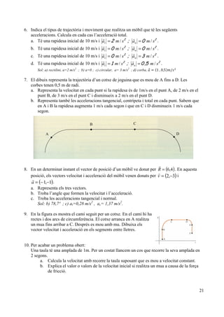 21
6. Indica el tipus de trajectòria i moviment que realitza un mòbil que té les següents
acceleracions. Calcula en cada cas l’acceleració total.
a. Té una rapidesa inicial de 10 m/s i 22
0;2 smasma nt // ==
!!
.
b. Té una rapidesa inicial de 10 m/s i 22
0;0 smasma nt // ==
!!
.
c. Té una rapidesa inicial de 10 m/s i 22
3;0 smasma nt // ==
!!
.
d. Té una rapidesa inicial de 10 m/s i 22
50;1 smasma nt /,/ ==
!!
.
Sol: a) rectilini, a=2 m/s2
; b) a=0 ; c) circular, a= 3 m/s2
; d) corba, 𝑎 = 1  , 0,5 𝑚/𝑠!
7. El dibuix representa la trajectòria d’un cotxe de joguina que es mou de A fins a D. Les
corbes tenen 0,5 m de radi.
a. Representa la velocitat en cada punt si la rapidesa és de 1m/s en el punt A, de 2 m/s en el
punt B, de 3 m/s en el punt C i disminueix a 2 m/s en el punt D.
b. Representa també les acceleracions tangencial, centrípeta i total en cada punt. Sabem que
en A i B la rapidesa augmenta 1 m/s cada segon i que en C i D disminueix 1 m/s cada
segon.
8. En un determinat instant el vector de posició d’un mòbil ve donat per ( )4,6=R
!
. En aquesta
posició, els vectors velocitat i acceleració del mòbil venen donats per ( )3,2 −=v
!
i
( )1,1−−=a
!
.
a. Representa els tres vectors.
b. Troba l’angle que formen la velocitat i l’acceleració.
c. Troba les acceleracions tangencial i normal.
Sol: b) 78,7º ; c) at=0,28 m/s2
, ac= 1,37 m/s2
.
9. En la figura es mostra el camí seguit per un cotxe. En el camí hi ha
rectes i dos arcs de circumferència. El cotxe arranca en A realitza
un mua fins arribar a C. Després es mou amb mu. Dibuixa els
vector velocitat i acceleració en els segments entre lletres.
10. Per acabar un problema obert:
Una taula té una amplada de 1m. Per un costat llancem un cos que recorre la seva amplada en
2 segons.
a. Calcula la velocitat amb recorre la taula suposant que es mou a velocitat constant.
b. Explica el valor o valors de la velocitat inicial si realitza un mua a causa de la força
de fricció.
 