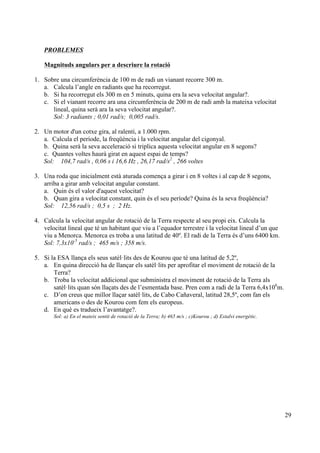29
PROBLEMES
Magnituds angulars per a descriure la rotació
1. Sobre una circumferència de 100 m de radi un vianant recorre 300 m.
a. Calcula l’angle en radiants que ha recorregut.
b. Si ha recorregut els 300 m en 5 minuts, quina era la seva velocitat angular?.
c. Si el vianant recorre ara una circumferència de 200 m de radi amb la mateixa velocitat
lineal, quina serà ara la seva velocitat angular?.
Sol: 3 radiants ; 0,01 rad/s; 0,005 rad/s.
2. Un motor d'un cotxe gira, al ralentí, a 1.000 rpm.
a. Calcula el període, la freqüència i la velocitat angular del cigonyal.
b. Quina serà la seva acceleració si triplica aquesta velocitat angular en 8 segons?
c. Quantes voltes haurà girat en aquest espai de temps?
Sol: 104,7 rad/s , 0,06 s i 16,6 Hz , 26,17 rad/s2
, 266 voltes
3. Una roda que inicialment està aturada comença a girar i en 8 voltes i al cap de 8 segons,
arriba a girar amb velocitat angular constant.
a. Quin és el valor d'aquest velocitat?
b. Quan gira a velocitat constant, quin és el seu període? Quina és la seva freqüència?
Sol: 12,56 rad/s ; 0,5 s ; 2 Hz.
4. Calcula la velocitat angular de rotació de la Terra respecte al seu propi eix. Calcula la
velocitat lineal que té un habitant que viu a l’equador terrestre i la velocitat lineal d’un que
viu a Menorca. Menorca es troba a una latitud de 40º. El radi de la Terra és d’uns 6400 km.
Sol: 7,3x10-5
rad/s ; 465 m/s ; 358 m/s.
5. Si la ESA llança els seus satèl·lits des de Kourou que té una latitud de 5,2º,
a. En quina direcció ha de llançar els satèl·lits per aprofitar el moviment de rotació de la
Terra?
b. Troba la velocitat addicional que subministra el moviment de rotació de la Terra als
satèl·lits quan són llaçats des de l’esmentada base. Pren com a radi de la Terra 6,4x106
m.
c. D’on creus que millor llaçar satèl·lits, de Cabo Cañaveral, latitud 28,5º, com fan els
americans o des de Kourou com fem els europeus.
d. En què es tradueix l’avantatge?.
Sol: a) En el mateix sentit de rotació de la Terra; b) 465 m/s ; c)Kourou ; d) Estalvi energètic.
 