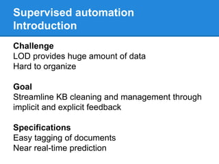 Supervised automation
Introduction
Challenge
LOD provides huge amount of data
Hard to organize
Goal
Streamline KB cleaning and management through
implicit and explicit feedback
Specifications
Easy tagging of documents
Near real-time prediction
 