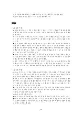 20
시킴. 김미희 의원 중재(?)로 물품확인 하기로 함. (행정대집행법 위반여부 확인)
• 15:00 분실물 되돌려 받은 후 주민, 감시단 현장에서 나옴.
127번
* 6월 10일 상황
• 127번 움막으로 가는 길은 행정대집행이 시작되기 전 날인 10일부터 통행 제한이 이루
어져 연대자와 식사를 전달하러 온 사람들, 그리고 변호인들까지 광범위 하게 통행 제한
이 이루어짐.
• 11:50 경찰력이 부북면으로 이동하고 있다는 소식이 전해졌으며 같은 날 정오 경부터
장동 움막 입구에 경찰버스 19대(식당차 1대 포함), 승합차 8대가 도착해 출입을 제한하
기 시작.
• 18:30 연대자 2명이 127번 움막에 전달할 김밥을 가지고 와서 통행을 요구했으나, 경
찰이 통행을 제한함. 차량을 가지고 올라가 김밥을 전달할 수 없으며, 움막에서 직접 받
으려 내려와야 한다며 전달을 거부했다. 대책위 상황실에서는 국가인권위원회가 밀양 경
찰서장에게 연락하여 밥을 전달할 수 있도록 했다고 설명했으나, 장동 움막 앞 경찰 지휘
관은 그런 말을 들은 적이 없다고 했음.
• 19:00 사복을 입은 경찰이 “배고프면 내려오면 되지 뭐”라며 빈정거림. 이후 경찰이 직
접 장동 움막 앞까지 김밥을 전달. 같은 시각 연대자와 경찰력 모니터링을 온 인권침해
감시단 활동가는 통행 제한으로 산길을 올라야 했음.
• 통행 제한으로 인해 다수의 연대자들이 위험한 산길을 타고 움막으로 향했으며, 일부
연대자의 경우 2-3시경에 127번 움막에 도착. 또 다른 십여 명의 연대자들은 10일 11시
경 출발해 다음 날(11일) 새벽 6시경에서야 원래의 목적지가 아닌 129번 움막에 도착.
* 6월 11일 상황
• 00:50 경찰이 안전 문제를 이유로 변호인의 통행을 제한. 변호인들이 주민들의 위임장
이 있다는 점을 밝혔는데도 계속 통행이 제한되었으며, 국회의원과 함께 경찰의 통행 제
한을 통과한 변호인 1인을 제외하고 변호인 4명이 밤길에 위험한 산행을 함.
• 새벽 네 시부터 행정대집행이 이루어진다는 소식이 있어 마을 주민 및 연대자들은 새벽
3시경부터 깨어 있었음. 실제 행정대집행이 시작된 시각은 오전 8시 50분으로 행정대집
행 영장을 읽는 순간부터 움막을 해체하고 그 안에 있는 주민들과 수도자들을 모두 끌어
내는 데 약 25분 정도 밖에 걸리지 않았음.
• 05:00 움막 속에 주민 8명, 수녀 4명, 신부님 1명, 의사 1명, 연대자 3명(총 17명)이
있었고, 이들 중 3명은 움막과 외부가 연결되는 통로 밑 구덩이에 들어가 있었음.
• 05:25 국가인권위원회 조사관 4명이 도착.
• 05:35 김제남 의원이 도착.
• 08:40 아래 움막 주변에 경찰, 시청 공무원, 한전 직원이 모이는 모습이 보이기 시작.
• 08:50 대집행 영장을 책임자가 낭독. 1-2분이 지나지 않아 대집행 영장을 읽은 책임자
가 움막으로 연결되는 구덩이 다리 앞으로 접근하려는 순간 움막 뒤편에서 경찰이 들어오
고 있다는 고함소리가 들림.
 