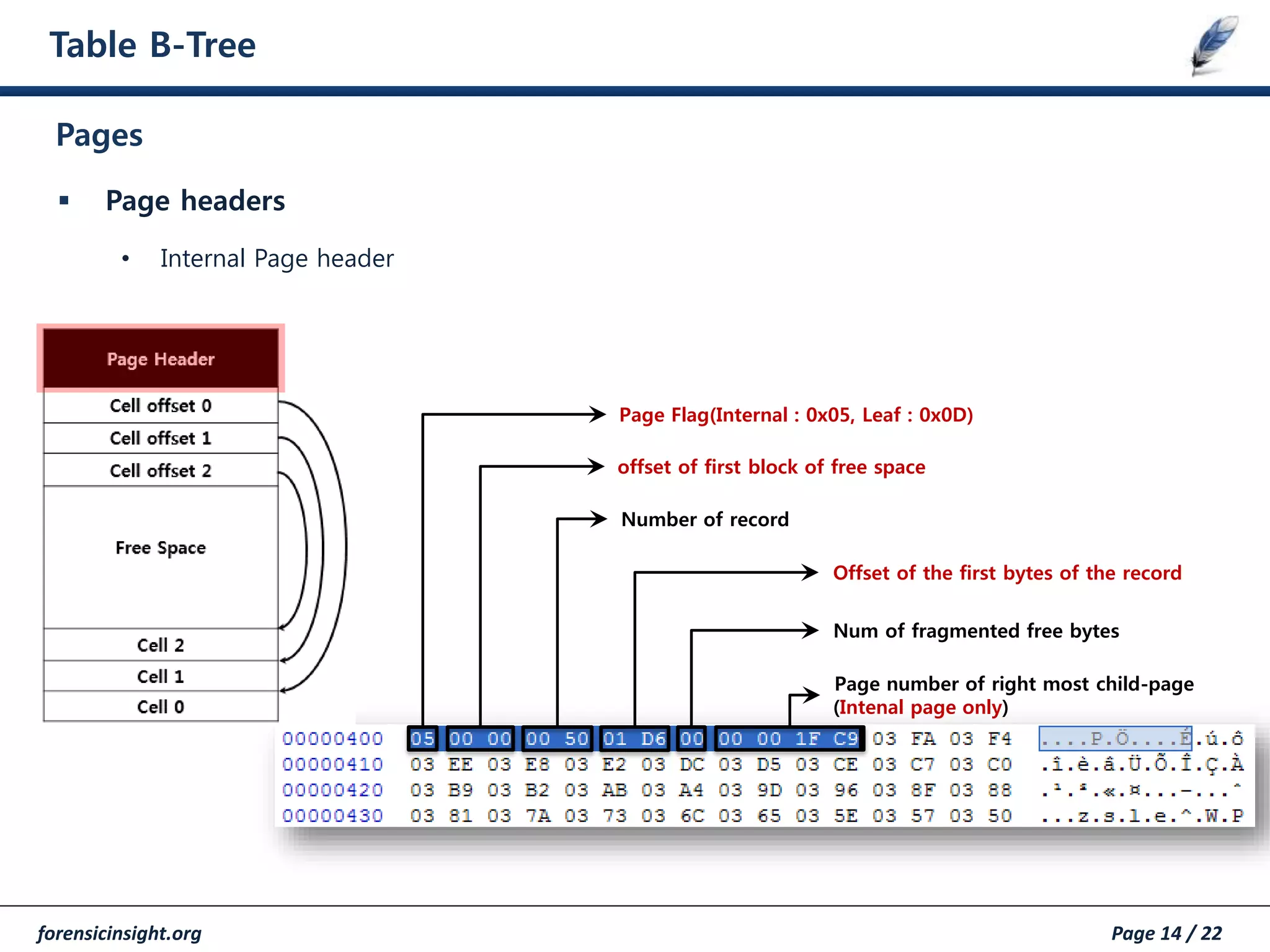 forensicinsight.org Page 14 / 22
Table B-Tree
 Page headers
• Internal Page header
Pages
Page Flag(Internal : 0x05, Leaf : 0x0D)
offset of first block of free space
Number of record
Offset of the first bytes of the record
Num of fragmented free bytes
Page number of right most child-page
(Intenal page only)
 