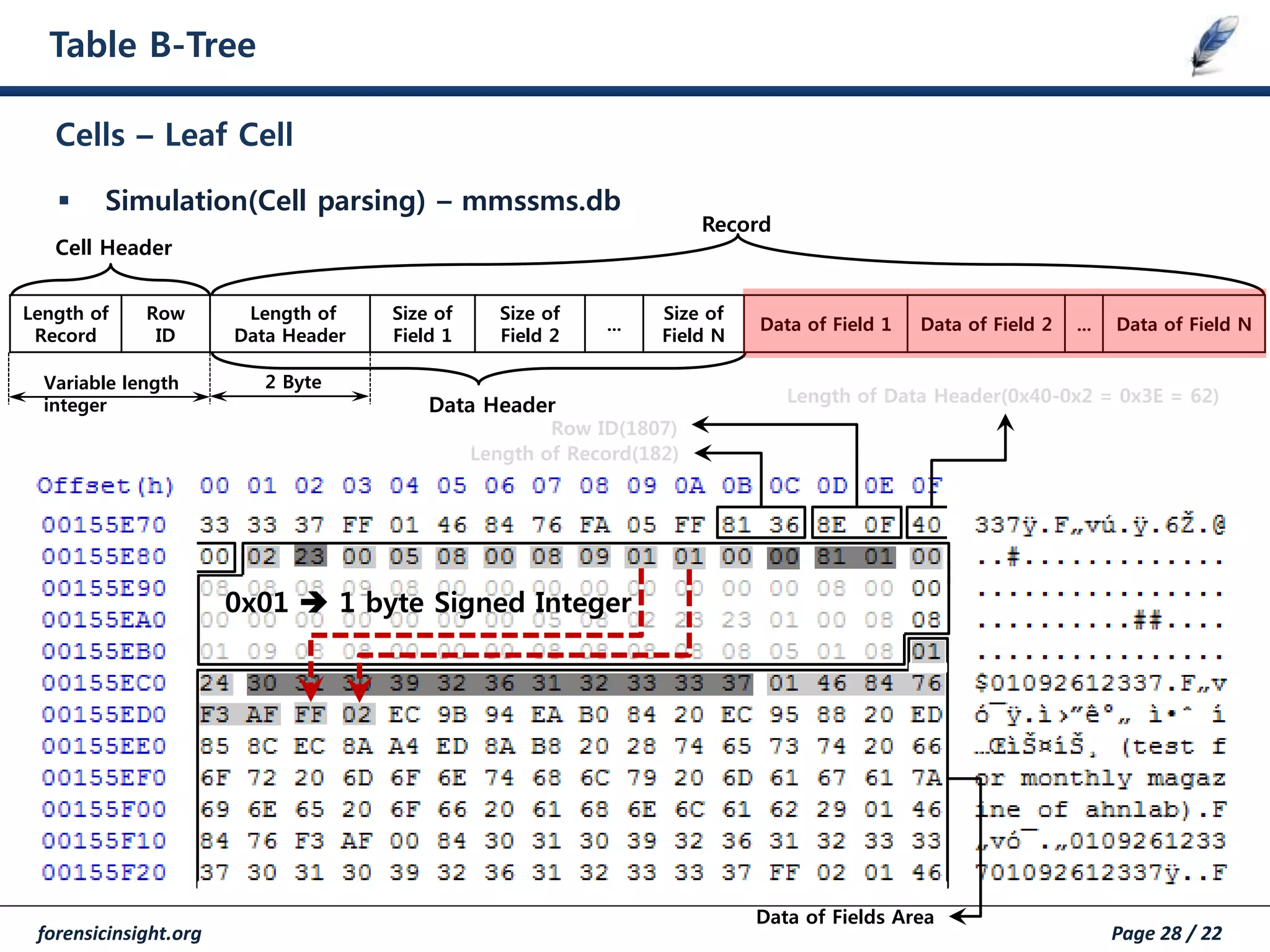 forensicinsight.org Page 28 / 22
Table B-Tree
 Simulation(Cell parsing) – mmssms.db
Cells – Leaf Cell
Data of Fields Area
Length of Record(182)
Row ID(1807)
Length of
Record
Row
ID
Length of
Data Header
Size of
Field 1
Size of
Field 2
...
Size of
Field N
Data of Field 1 Data of Field 2 ... Data of Field N
Data Header
2 Byte
Record
Cell Header
Variable length
integer
0x01  1 byte Signed Integer
Length of Data Header(0x40-0x2 = 0x3E = 62)
 