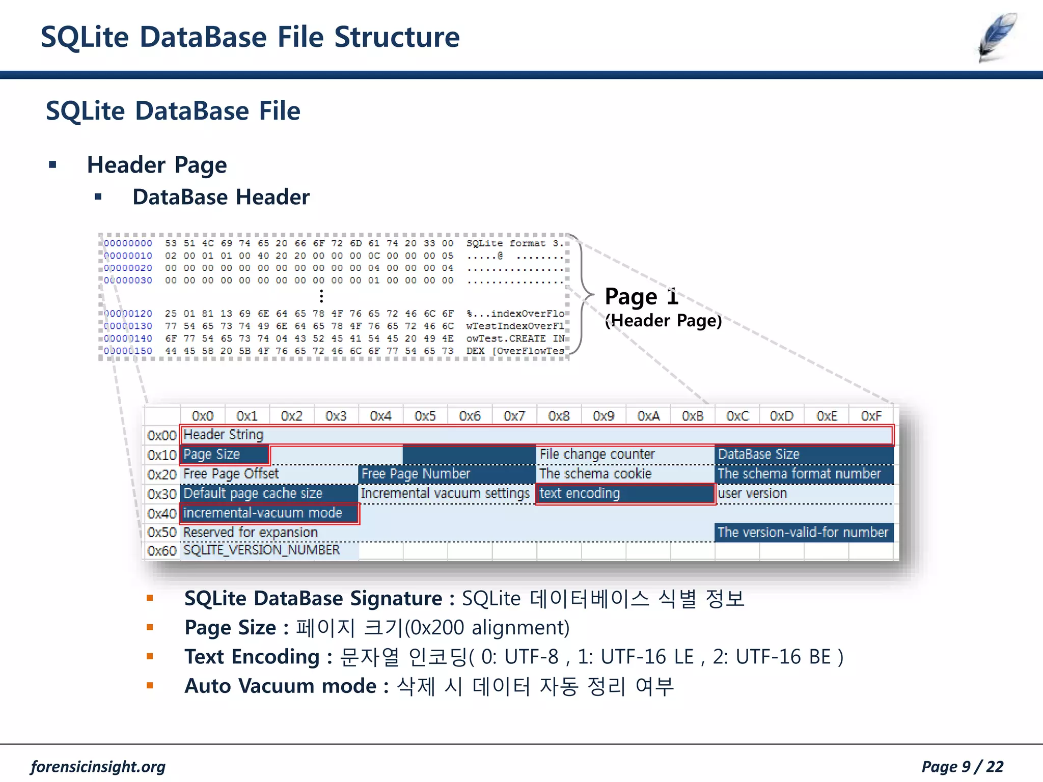 forensicinsight.org Page 9 / 22
SQLite DataBase File Structure
 Header Page
 DataBase Header
 SQLite DataBase Signature : SQLite 데이터베이스 식별 정보
 Page Size : 페이지 크기(0x200 alignment)
 Text Encoding : 문자열 인코딩( 0: UTF-8 , 1: UTF-16 LE , 2: UTF-16 BE )
 Auto Vacuum mode : 삭제 시 데이터 자동 정리 여부
SQLite DataBase File
…
Page 1
(Header Page)
 