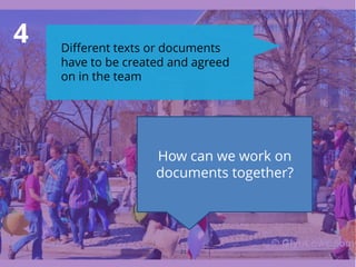 4
21
Different texts or documents
have to be created and agreed
on in the team
How can we work on
documents together?
 
