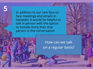 5
26
In addition to our rare face-to-
face meetings and emails in
between, it would be helpful to
talk in person with the option
to include more than one
person in the conversation
How can we talk
on a regular basis?
 