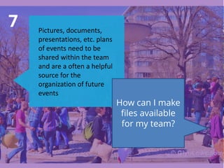 7
32
Pictures, documents,
presentations, etc. plans
of events need to be
shared within the team
and are a often a helpful
source for the
organization of future
events
How can I make
files available
for my team?
 