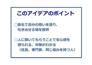 ◯匿匿名で⾃自分の想いを語り、
 　吐き出せる場を提供
◯⼈人に聞いてもらうことで安⼼心感を
 　得られる、対策がわかる
 　（住⺠民、専⾨門家、同じ悩みを持つ⼈人）
このアイデアのポイント
 