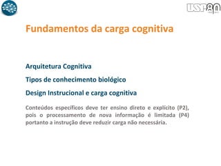 Fundamentos da carga cognitiva
Arquitetura Cognitiva
Tipos de conhecimento biológico
Design Instrucional e carga cognitiva
Conteúdos específicos deve ter ensino direto e explícito (P2),
pois o processamento de nova informação é limitada (P4)
portanto a instrução deve reduzir carga não necessária.
 