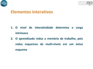 Elementos interativos
1. O nível de interatividade determina a carga
intrínseca
2. O aprendizado reduz a memória de trabalho, pois
reduz esquemas de multi-níveis em um único
esquema
 