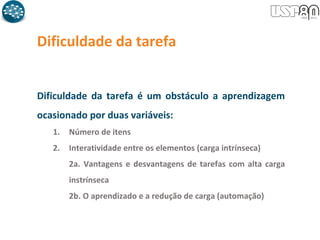 Dificuldade da tarefa
Dificuldade da tarefa é um obstáculo a aprendizagem
ocasionado por duas variáveis:
1. Número de itens
2. Interatividade entre os elementos (carga intrínseca)
2a. Vantagens e desvantagens de tarefas com alta carga
instrínseca
2b. O aprendizado e a redução de carga (automação)
 
