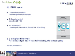 NL BIM Levels
■ 0 Document oriented
niet intelligente documenten
■ 1 Object oriented
objecten 2D / 3D
■ 2 Collaboration
planning 4D, kostencalculaties 5D (little BIM)
■ 3 Integrated lifecycle
meerdere partijen, object based uitwisseling, life cycle (big BIM)
Bron: BIR Kenniskaart nr. 1
13Proficient ClickNL PP presentatie_TD
 