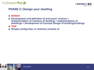 PHASE 2 | Design your dwelling
■ Actions
■ Development and definition of end-users’ choices >
Implementation of matrices of dwelling > Implementation of
dwellings > Development of Concept Design of building/buildings
■ Tool
■ Simple configurator or sketcher (module 2)
25PROFICIENT
 