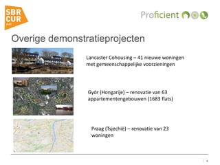 Overige demonstratieprojecten
8
Lancaster Cohousing – 41 nieuwe woningen
met gemeenschappelijke voorzieningen
Györ (Hongarije) – renovatie van 63
appartementengebouwen (1683 flats)
Praag (Tsjechië) – renovatie van 23
woningen
 