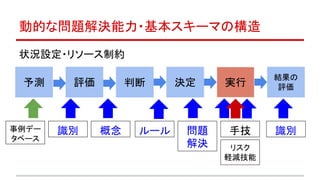 動的な問題解決能力・基本スキーマの構造
状況設定・リソース制約
予測 評価 判断 決定 実行
結果の
評価
概念事例デー
タベース
ルール 問題
解決
識別 手技
リスク
軽減技能
識別
 