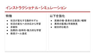 インストラクショナル・シミュレーション
特徴
● 状況が変化する動的モデル
● 状況の変化への対応から学習
● 非線形
● 効果的・効率的・魅力的な学習
● 教授ゴール達成
以下を強化
● 医療の場・患者の注意深い観察
● 異常の監視と早期発見
● 統合的な能力
 