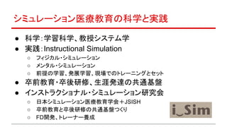 シミュレーション医療教育の科学と実践
● 科学：学習科学、教授システム学
● 実践：Instructional Simulation
○ フィジカル・シミュレーション
○ メンタル・シミュレーション
○ 前提の学習、発展学習、現場でのトレーニングとセット
● 卒前教育・卒後研修、生涯発達の共通基盤
● インストラクショナル・シミュレーション研究会
○ 日本シミュレーション医療教育学会＋JSISH
○ 卒前教育と卒後研修の共通基盤つくり
○ FD開発、トレーナー養成
 